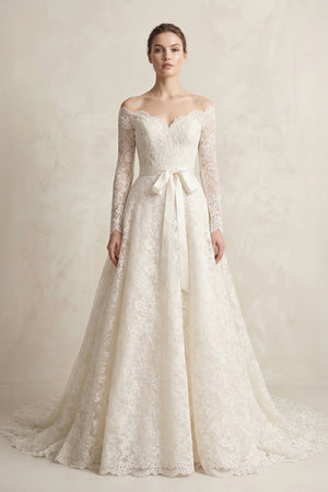 Off - the - Shoulder Lace Long Sleeve Bow Wedding Dress in Ivory - KissProm Wedding Dresses