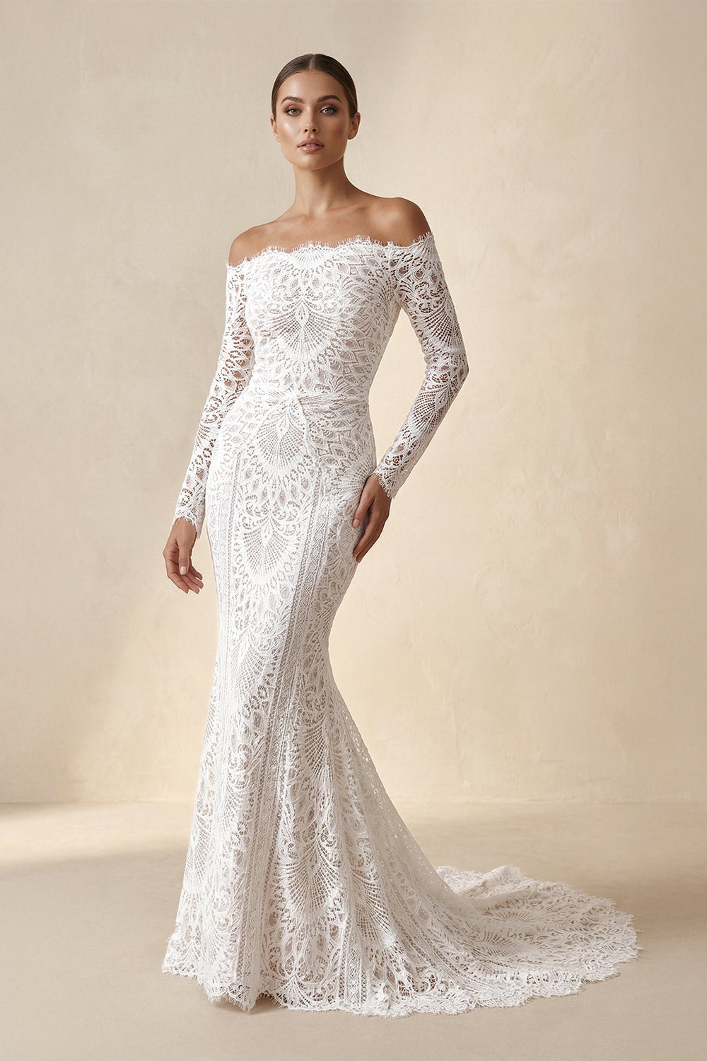 Off - the - Shoulder Lace Mermaid Wedding Dress in Ivory - KissProm Wedding Dresses