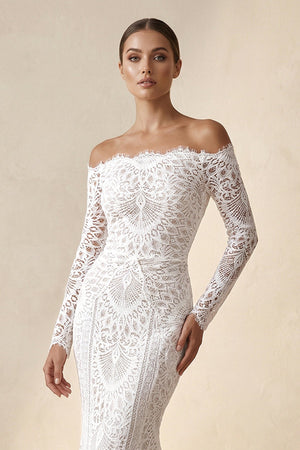 Off - the - Shoulder Lace Mermaid Wedding Dress in Ivory - KissProm Wedding Dresses
