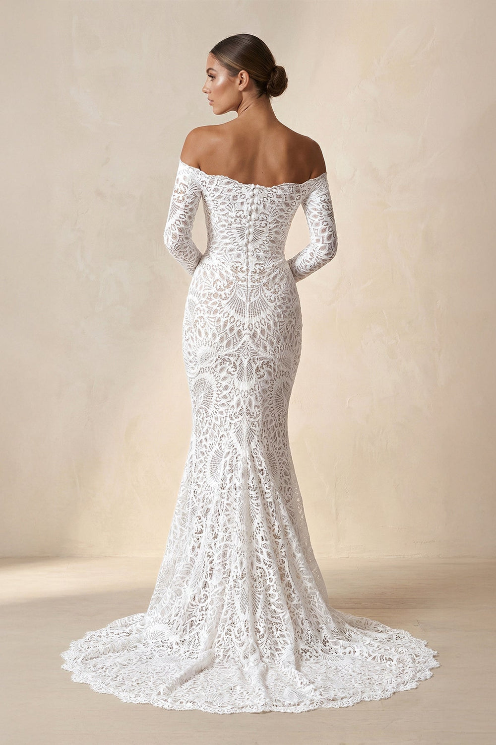 Off - the - Shoulder Lace Mermaid Wedding Dress in Ivory - KissProm Wedding Dresses