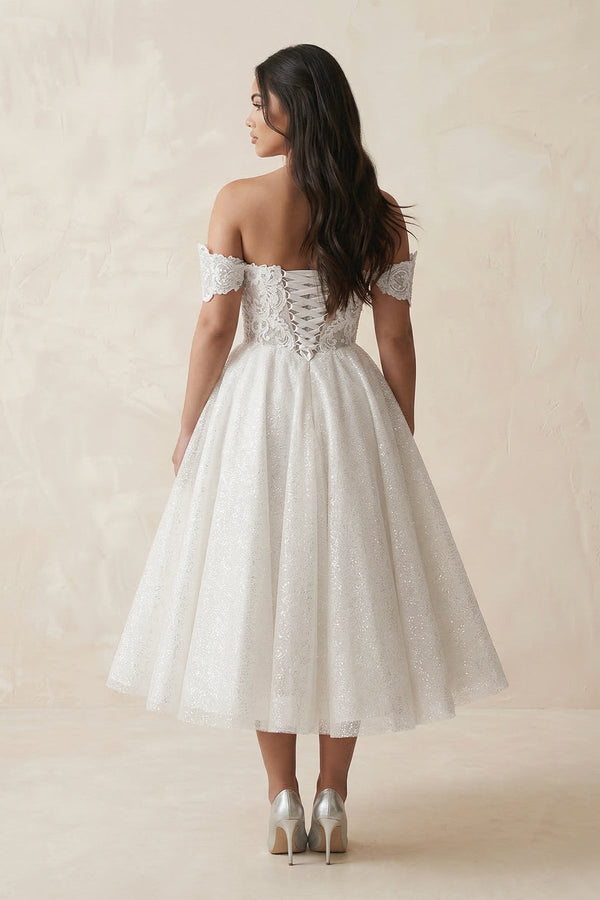 Off - the - Shoulder Lace Midi A - Line Wedding Dress in Ivory - KissProm Wedding Dresses
