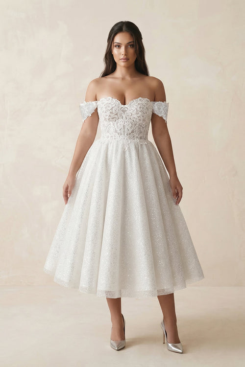 Off - the - Shoulder Lace Midi A - Line Wedding Dress in Ivory - KissProm Wedding Dresses