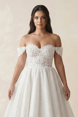 Off - the - Shoulder Lace Midi A - Line Wedding Dress in Ivory - KissProm Wedding Dresses