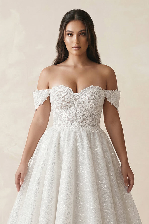 Off - the - Shoulder Lace Midi A - Line Wedding Dress in Ivory - KissProm Wedding Dresses
