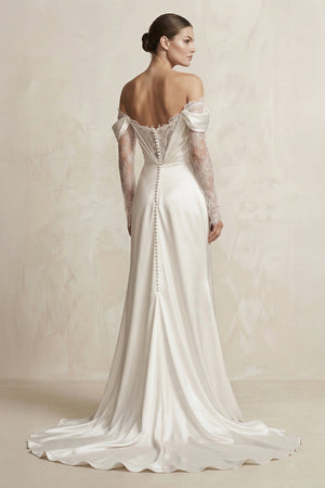 Off - the - Shoulder Lace Satin Sheath Wedding Dress With Slit in Ivory - KissProm Wedding Dresses