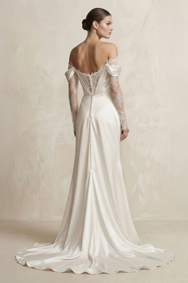 Off - the - Shoulder Lace Satin Sheath Wedding Dress With Slit in Ivory - KissProm Wedding Dresses