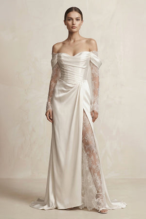 Off - the - Shoulder Lace Satin Sheath Wedding Dress With Slit in Ivory - KissProm Wedding Dresses