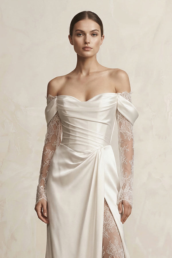 Off - the - Shoulder Lace Satin Sheath Wedding Dress With Slit in Ivory - KissProm Wedding Dresses