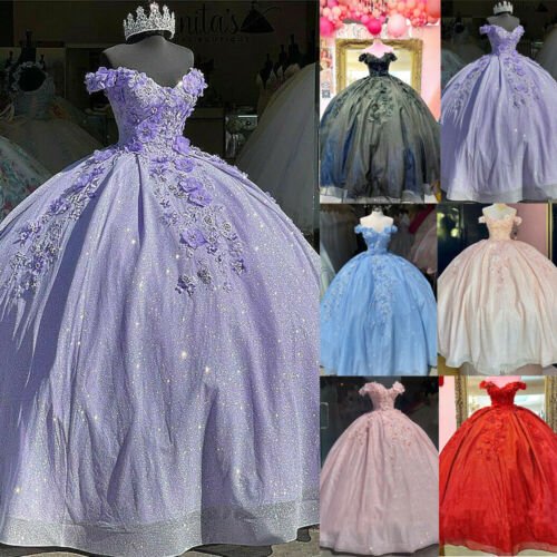 Off the Shoulder Lavender Sequin 3D Floral Quinceanera Dresses