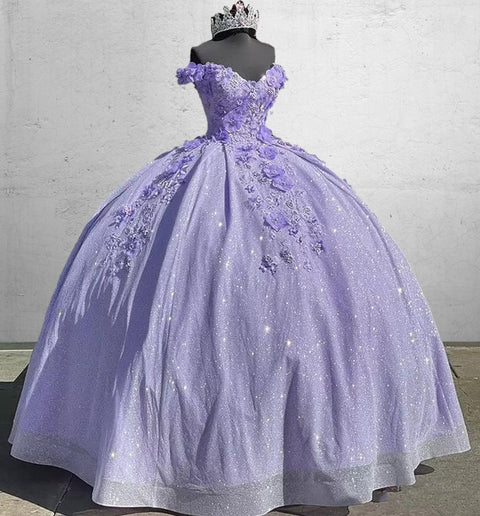 Lavender Off Shoulder Ball Dresses Quinceanera Dress Sweet 16 Dresses 3D Floral Lace Appliques Y500