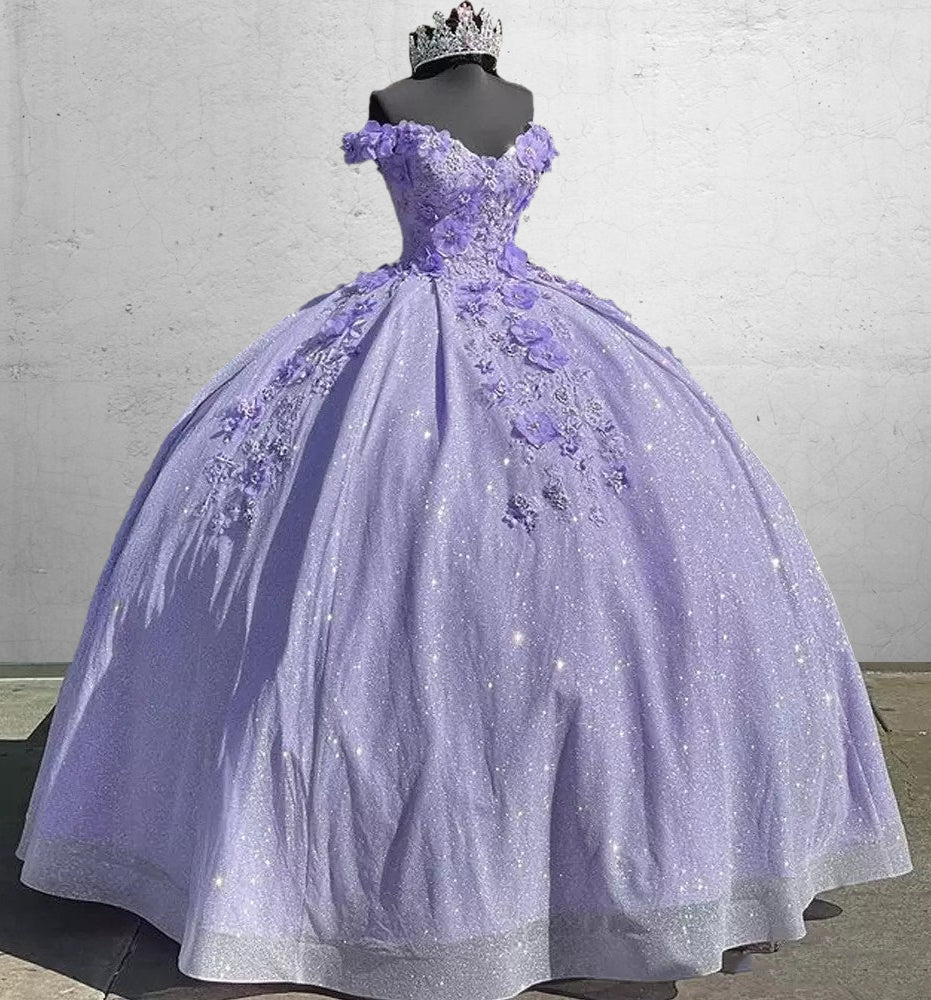 Off the Shoulder Lavender Sequin 3D Floral Quinceanera Dresses