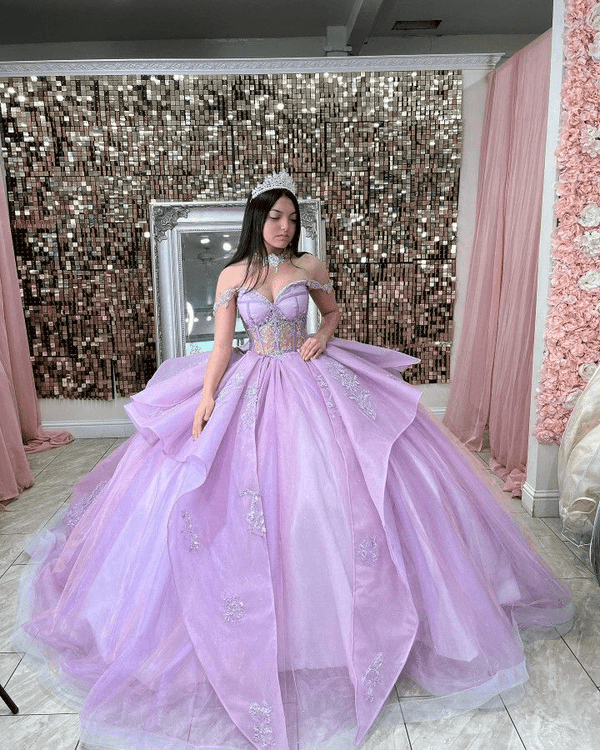 Off The Shoulder Lavender Tulle Ball Gown Quinceanera Dresses