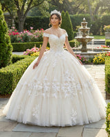 Off The Shoulder Long Champagne Lace Appliques Quinceanera Dress - KissProm