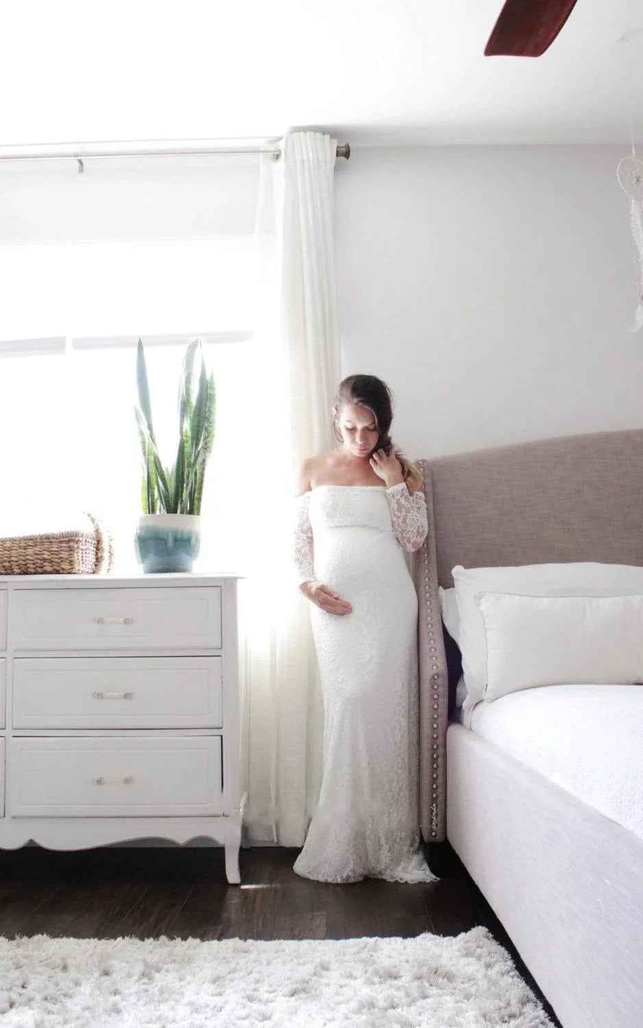 KissProm Strapless Long Sleeve A-Line Maternity Lace Wedding Dress with Train, Diamond White / 14