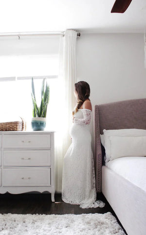 Strapless Long Sleeve A-Line Maternity Lace Wedding Dress with Train, Diamond White / 14 Strapless Long Sleeve A-Line Maternity Lace Wedding Dress with Train, Diamond White / 14