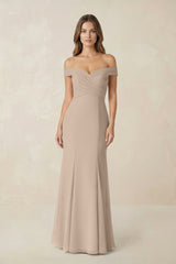 Off - the Shoulder Mermaid Chiffon Bridesmaid Dress in Almond - KissProm Bridesmaid Dresses