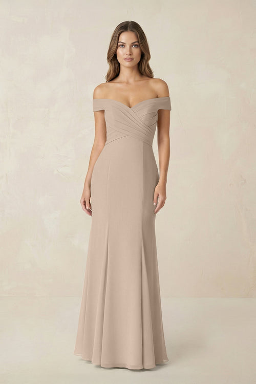 Off - the Shoulder Mermaid Chiffon Bridesmaid Dress in Almond - KissProm Bridesmaid Dresses
