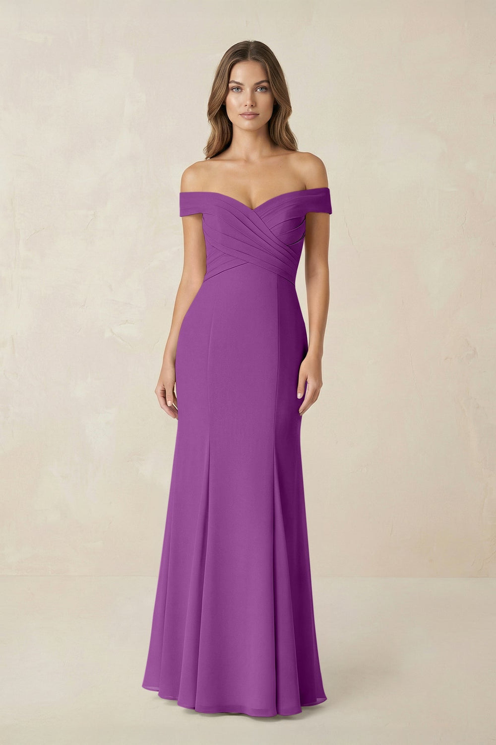 Off - the Shoulder Mermaid Chiffon Bridesmaid Dress in Amethyst - KissProm Bridesmaid Dresses