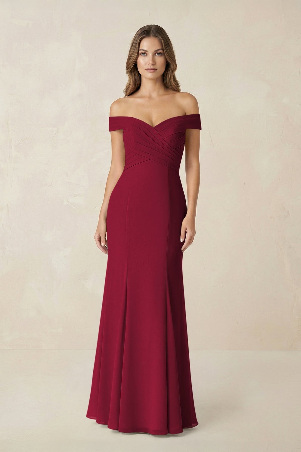 Off - the Shoulder Mermaid Chiffon Bridesmaid Dress in Berry - KissProm Bridesmaid Dresses