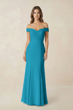 Off - the Shoulder Mermaid Chiffon Bridesmaid Dress in Blue Jay - KissProm Bridesmaid Dresses