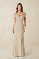 Off - the Shoulder Mermaid Chiffon Bridesmaid Dress in Champagne - KissProm Bridesmaid Dresses