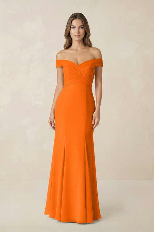 Off - the Shoulder Mermaid Chiffon Bridesmaid Dress in Cinnamon - KissProm Bridesmaid Dresses