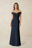 Off - the Shoulder Mermaid Chiffon Bridesmaid Dress in Dark Navy - KissProm Bridesmaid Dresses