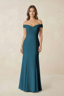Off - the Shoulder Mermaid Chiffon Bridesmaid Dress in Dark Teal - KissProm Bridesmaid Dresses