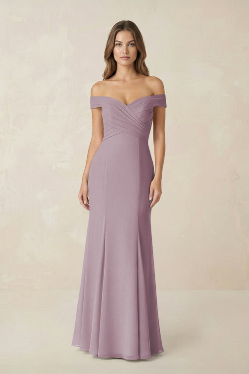 Off - the Shoulder Mermaid Chiffon Bridesmaid Dress in Dusk - KissProm Bridesmaid Dresses