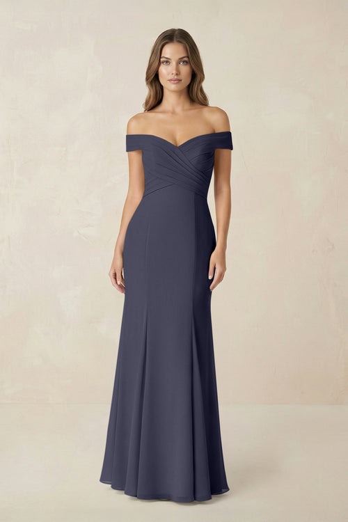 Off - the Shoulder Mermaid Chiffon Bridesmaid Dress in Dusk Blue - KissProm Bridesmaid Dresses