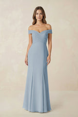 Off - the Shoulder Mermaid Chiffon Bridesmaid Dress in Dusty Blue - KissProm Bridesmaid Dresses
