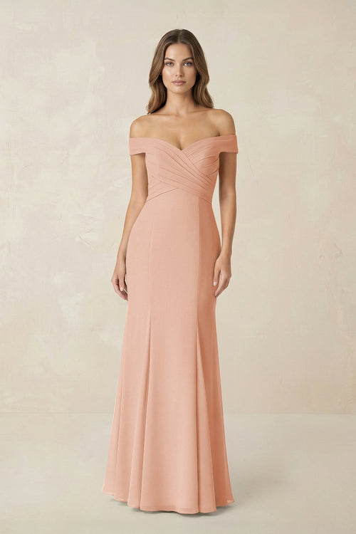 Off - the Shoulder Mermaid Chiffon Bridesmaid Dress in English Rose - KissProm Bridesmaid Dresses