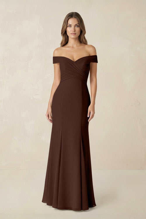 Off - the Shoulder Mermaid Chiffon Bridesmaid Dress in Espresso - KissProm Bridesmaid Dresses