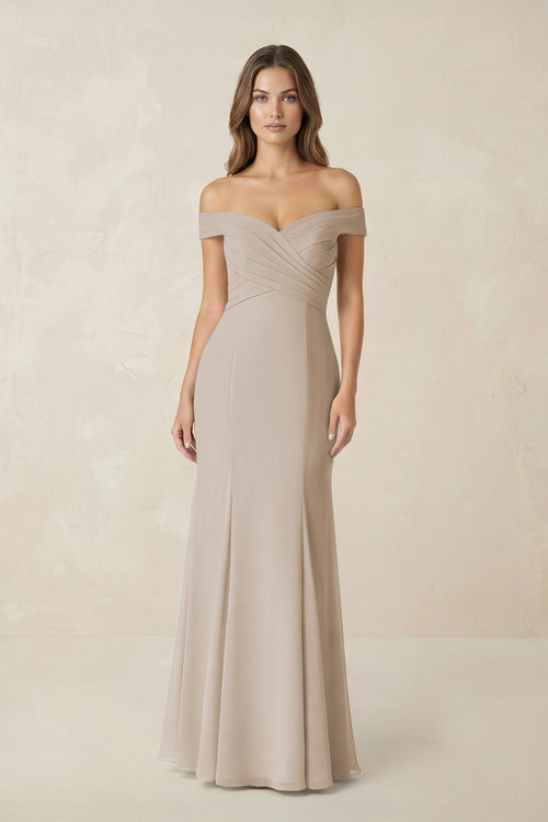 Off - the Shoulder Mermaid Chiffon Bridesmaid Dress in Frost - KissProm Bridesmaid Dresses