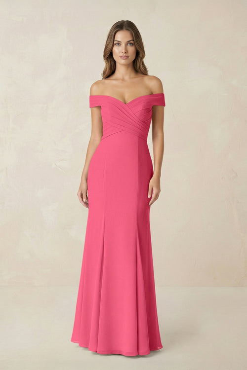 Off - the Shoulder Mermaid Chiffon Bridesmaid Dress in Fuchsia - KissProm Bridesmaid Dresses