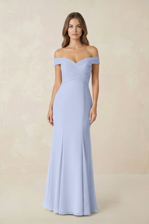 Off - the Shoulder Mermaid Chiffon Bridesmaid Dress in Ice - KissProm Bridesmaid Dresses