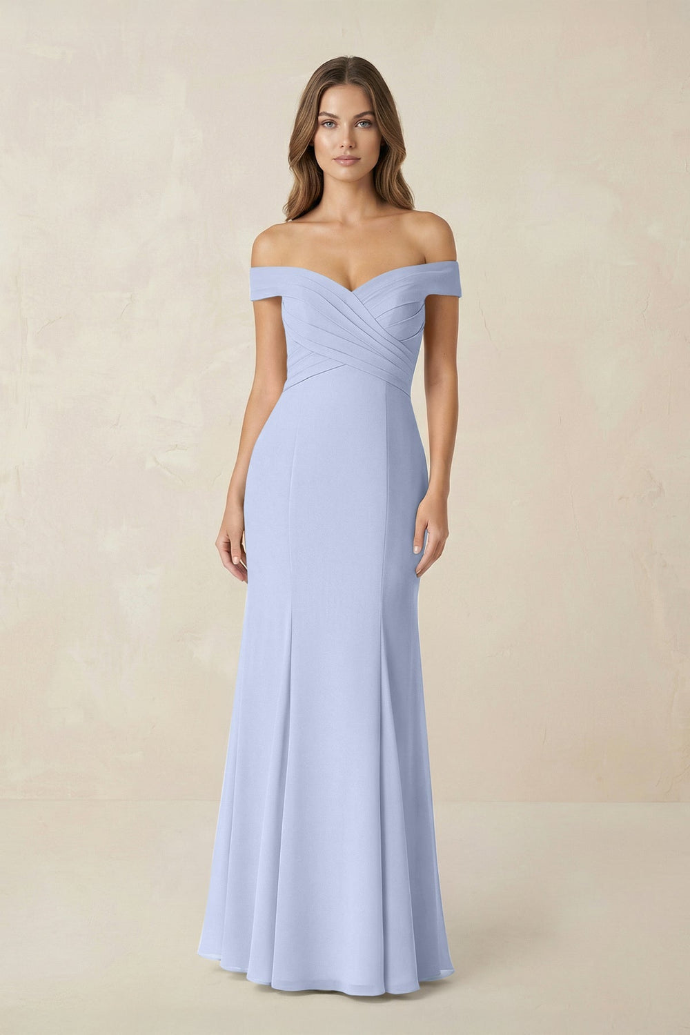 Off - the Shoulder Mermaid Chiffon Bridesmaid Dress in Ice - KissProm Bridesmaid Dresses