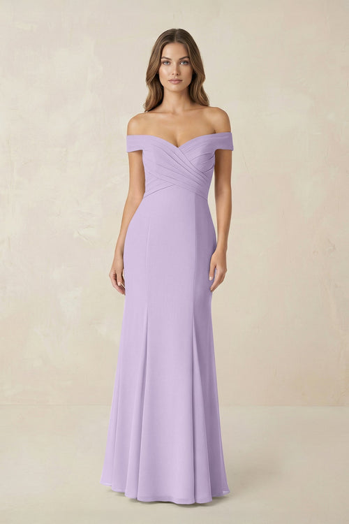 Off - the Shoulder Mermaid Chiffon Bridesmaid Dress in Lavender - KissProm Bridesmaid Dresses