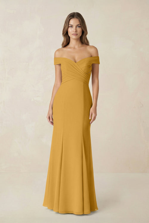 Off - the Shoulder Mermaid Chiffon Bridesmaid Dress in Marigold - KissProm Bridesmaid Dresses