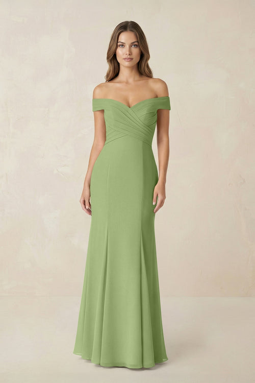 Off - the Shoulder Mermaid Chiffon Bridesmaid Dress in Matcha - KissProm Bridesmaid Dresses