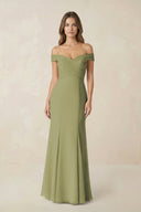 Off - the Shoulder Mermaid Chiffon Bridesmaid Dress in Moss Green - KissProm Bridesmaid Dresses
