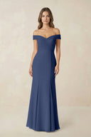 Off - the Shoulder Mermaid Chiffon Bridesmaid Dress in Navy - KissProm Bridesmaid Dresses
