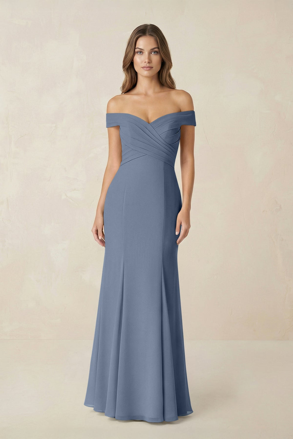 Off - the Shoulder Mermaid Chiffon Bridesmaid Dress in Neptune - KissProm Bridesmaid Dresses