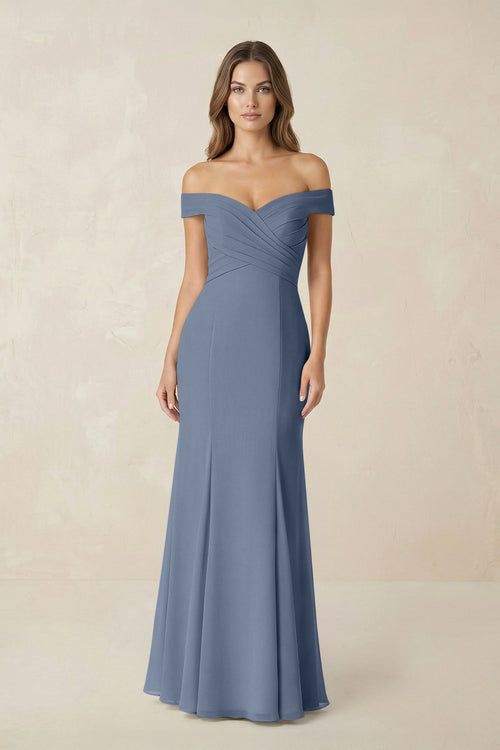 Off - the Shoulder Mermaid Chiffon Bridesmaid Dress in Neptune - KissProm Bridesmaid Dresses
