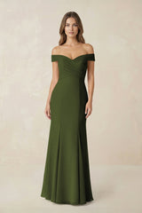 Off - the Shoulder Mermaid Chiffon Bridesmaid Dress in Olive - KissProm Bridesmaid Dresses