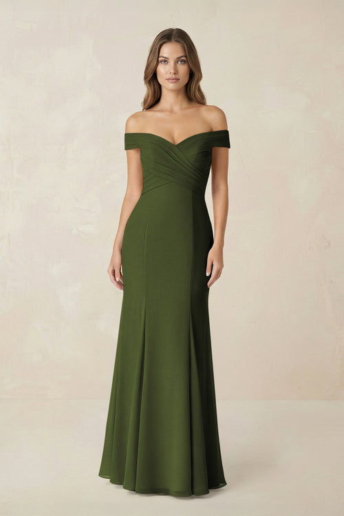 Off - the Shoulder Mermaid Chiffon Bridesmaid Dress in Olive - KissProm Bridesmaid Dresses