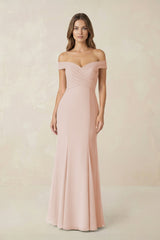 Off - the Shoulder Mermaid Chiffon Bridesmaid Dress in Pale Blush - KissProm Bridesmaid Dresses
