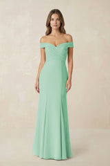 Off - the Shoulder Mermaid Chiffon Bridesmaid Dress in Pale Pistachio - KissProm Bridesmaid Dresses