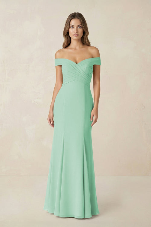 Off - the Shoulder Mermaid Chiffon Bridesmaid Dress in Pale Pistachio - KissProm Bridesmaid Dresses