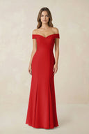 Off - the Shoulder Mermaid Chiffon Bridesmaid Dress in Ruby Red - KissProm Bridesmaid Dresses